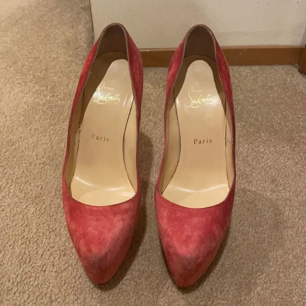 CHRISTIAN Louboutin suede pink platform stilettos